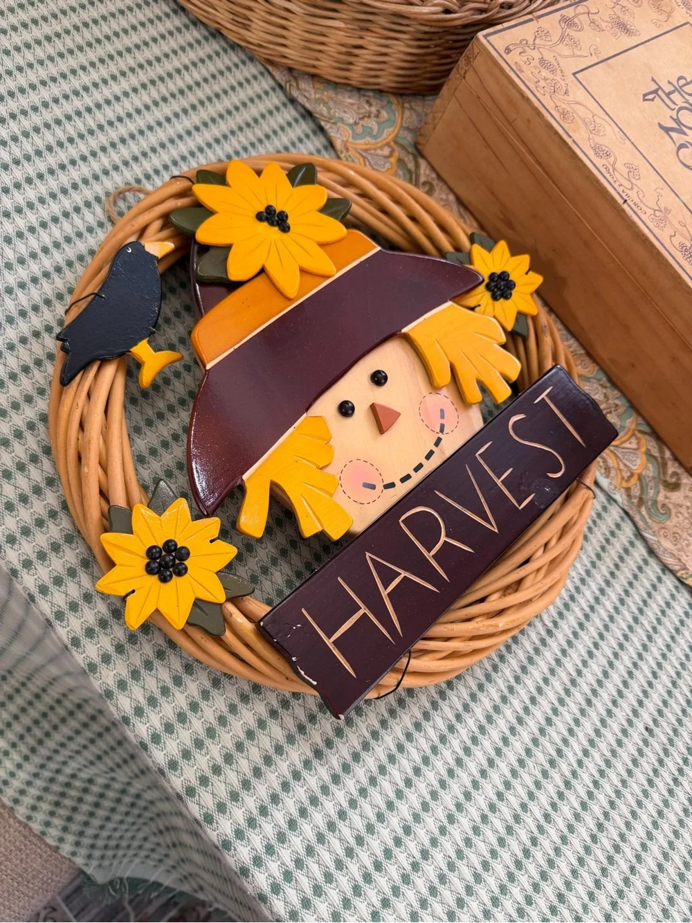 Vintage Harvest Scarecrow Wreath Wall Hanging Decor - Rustic Farmhouse Cottage